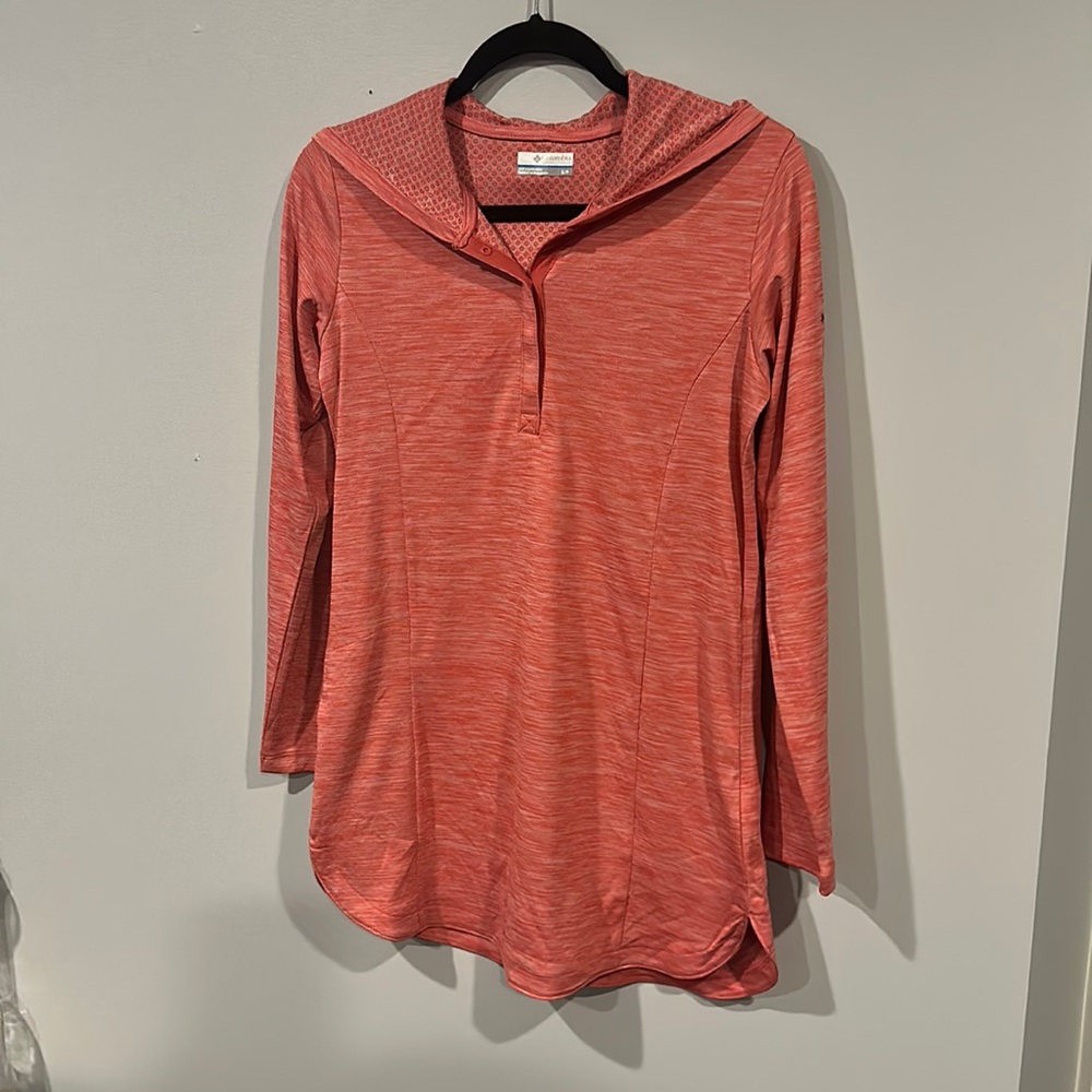 Columbia athletic pull over with hood.  Color-coral. Size small.